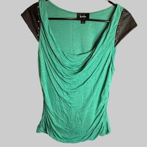 by & by Green‎ Top Studded Faux Leather Sleeves Drape Front Womens Size M